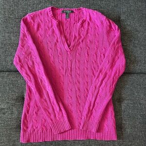 EUC Lauren by Ralph Lauren Fuchsia Cable Knit Split Neck Sweater Sz M